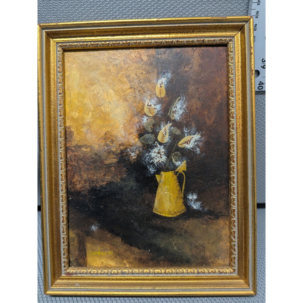 VTG 1974 Still Life Oil Painting Yellow Pitcher Floral Gold Frame Signed Sember